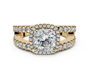 Halo Engagement Ring Setting for Cushion Cut Center with Wide-Open Pave Split Shank and Prong Head in Yellow Gold