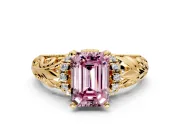 Solitaire Engagement Ring Setting for Fancy Pink Emerald Cut Center with Filigree Accent Basket and Prong Head in Yellow Gold
