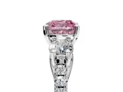 3 Stone Engagement Ring Setting for Fancy Pink Cushion Cut Center with Crossover Basket, Pave Band and Prong Head in Sterling Silver