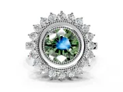 Halo Engagement Ring Setting for Fancy Green Round Cut Center with Milgrain Bezel Rim, Plain Band and Prong Head in White Gold