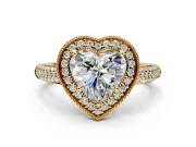 Milgrain Halo Engagement Ring Setting for Heart-Shaped Center with Three-Sided Pave Band and Prong Head in Yellow Gold