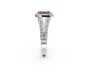 Halo Engagement Ring Setting for Fancy Pink Emerald Cut Center with Narrow Pave Split Shank and Prong Head in Platinum