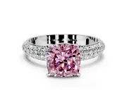 Solitaire Engagement Ring Setting for Fancy Pink Cushion Cut Center with Domed Multi-Row Pave Band and Prong Head in Platinum