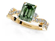 Solitaire Engagement Ring Setting for Fancy Green Emerald Cut Center with Bar-Station Pave Twist and Prong Head in Yellow Gold