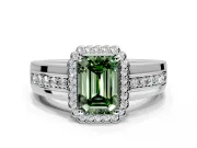 Halo Engagement Ring Setting for Fancy Green Emerald Cut Center with Wide Band, Inlaid Accent Row and Prong Head in Platinum