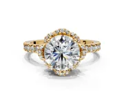 Halo Engagement Ring Setting for Round Cut Center with Openwork Halo, Pave Band and Prong Head in Yellow Gold