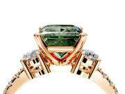 3 Stone Engagement Ring Setting for Fancy Green Princess Cut Center with Round Cut Side Accents and Prong Head in Rose Gold