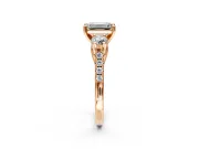 3 Stone Engagement Ring Setting for Emerald Cut Center with Crossover Basket, Pave Band and Prong Head in Rose Gold