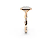 Halo Engagement Ring Setting for Radiant Cut Center with Twist Band and Prong Head in Rose Gold