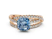 Solitaire Engagement Ring Setting for Fancy Blue Cushion Cut Center with Woven 3-Strand Pave Band and Prong Head in Rose Gold