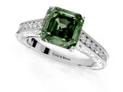 Solitaire Engagement Ring Setting for Fancy Green Asscher Cut Center with Engraved Pave Band and Prong Head in Platinum