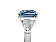 3 Stone Engagement Ring Setting for Fancy Blue Asscher Cut Center with Baguette Accents and Prong Head in Platinum