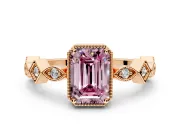 Milgrain Bezel Engagement Ring Setting for Fancy Pink Emerald Cut Center with Marquise Stations and Bezel Head in Rose Gold