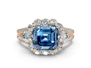 Halo Engagement Ring Setting for Fancy Blue Asscher Cut Center with Two-Strand Split Shank and Prong Head in Rose Gold