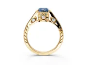 Cathedral Engagement Ring Setting for Fancy Blue Radiant Cut Center with Antique-Style Pave Band and Prong Head in Yellow Gold