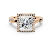 Halo Engagement Ring Setting for Princess Cut Center with Pave and Plain Twist Band and Prong Head in Rose Gold