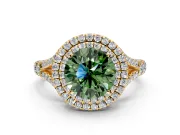 Double Halo Engagement Ring Setting for Fancy Green Round Cut Center with Narrow Pave Split Shank and Prong Head in Yellow Gold