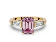 3 Stone Engagement Ring Setting for Fancy Pink Emerald Cut Center with Tapered Baguettes, Plain Band and Prong Head in Yellow Gold
