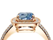 Milgrain Halo Engagement Ring Setting for Fancy Blue Cushion Cut Center with Three-Sided Pave Band and Prong Head in Rose Gold