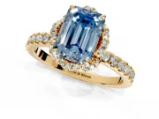 Halo Engagement Ring Setting for Fancy Blue Emerald Cut Center with Openwork Halo, Pave Band and Prong Head in Yellow Gold