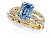 Solitaire Engagement Ring Setting for Fancy Blue Emerald Cut Center with Woven 3-Strand Pave Band and Prong Head in Yellow Gold
