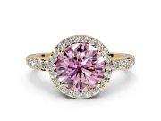 Halo Engagement Ring Setting for Fancy Pink Round Cut Center with Heart-Shaped Openwork, Pave Band and Prong Head in Yellow Gold