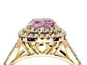 Double Halo Engagement Ring Setting for Fancy Pink Cushion Cut Center with Narrow Pave Split Shank and Prong Head in Yellow Gold