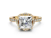 Halo Engagement Ring Setting for Princess Cut Center with Openwork Halo, Pave Band and Prong Head in Yellow Gold