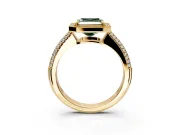 Milgrain Halo Engagement Ring Setting for Fancy Green Asscher Cut Center with Three-Sided Pave Band and Prong Head in Yellow Gold