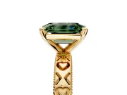 Solitaire Engagement Ring Setting for Fancy Green Emerald Cut Center with XO Engraved Band and Prong Head in Yellow Gold