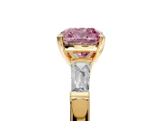 3 Stone Engagement Ring Setting for Fancy Pink Cushion Cut Center with Tapered Baguettes, Plain Band and Prong Head in Yellow Gold