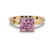 Solitaire Engagement Ring Setting for Fancy Pink Princess Cut Center with Carved Leaf Shoulders and Prong Head in Yellow Gold