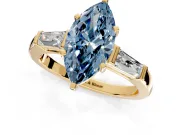 3 Stone Engagement Ring Setting for Fancy Blue Marquise Center with Tapered Baguettes, Plain Band and Prong Head in Yellow Gold