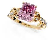 Leaf Motif Engagement Ring Setting for Fancy Pink Radiant Cut Center with Pave Band and Prong Head in Yellow Gold