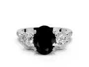 3 Stone Engagement Ring Setting for Fancy Black Oval Center with Crossover Basket, Pave Band and Prong Head in Sterling Silver