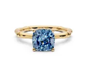 Solitaire Engagement Ring Setting for Fancy Blue Cushion Cut Center with Bamboo Band and Prong Head in Yellow Gold