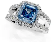 Halo Engagement Ring Setting for Fancy Blue Asscher Cut Center with Wide-Open Pave Split Shank and Prong Head in Platinum