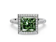 Halo Engagement Ring Setting for Fancy Green Princess Cut Center with Pave Accents, Heart Basket and Prong Head in Platinum