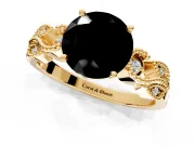 Leaf Engagement Ring Setting for Fancy Black Round Cut Center with Milgrain Accent Band and Prong Head in Yellow Gold