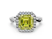 Halo Engagement Ring Setting for Fancy Yellow Asscher Cut Center with Twist Band and Prong Head in White Gold