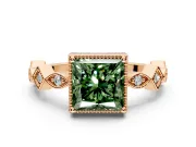 Milgrain Bezel Engagement Ring Setting for Fancy Green Princess Cut Center with Marquise Stations and Bezel Head in Rose Gold