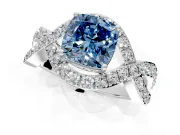 Halo Engagement Ring Setting for Fancy Blue Cushion Cut Center with Pave Infinity Twist Band and Prong Head in White Gold