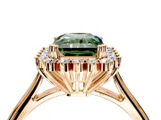 Starburst Halo Engagement Ring Setting for Fancy Green Radiant Cut Center with Thin Round-Wire Band and Prong Head in Rose Gold