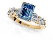 5 Stone Engagement Ring Setting for Fancy Blue Emerald Cut Center with Graduated Accents and Prong Head in Yellow Gold