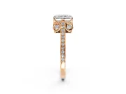 Cathedral Engagement Ring Setting for Radiant Cut Center with Antique-Style Pave Band and Prong Head in Rose Gold