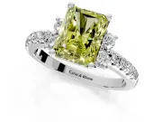 Paired Accent Engagement Ring Setting for Fancy Yellow Radiant Cut Center with Pave Band and Prong Head in Platinum