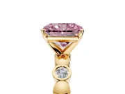 Solitaire Engagement Ring Setting for Fancy Pink Radiant Cut Center with Beaded Bezel Station Band and Prong Head in Yellow Gold
