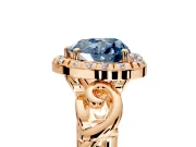 Halo Engagement Ring Setting for Fancy Blue Heart-Shaped Center with Open Scroll Shoulders and Prong Head in Rose Gold