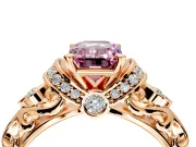 Solitaire Engagement Ring Setting for Fancy Pink Emerald Cut Center with Filigree Band and Prong Head in Rose Gold