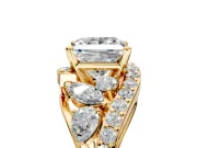 Halo Engagement Ring Setting for Princess Cut Center with Marquise and Pave Bypass Band and Prong Head in Yellow Gold